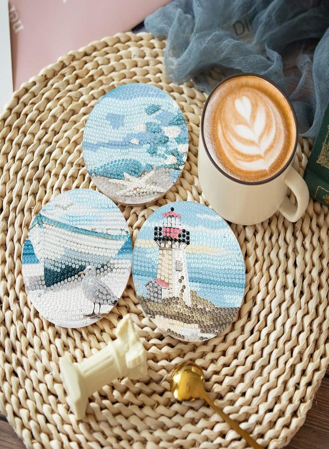 askkqtx 8 Pcs Beach Diamond Art Coasters Kits with Holder, Sea Diamond Painting Coasters Kits for Adults, Light House DIY 5D Diamond Dots Small Mini Kit Full Drill Art Craft Supplies 4X4 Inch - Image 3