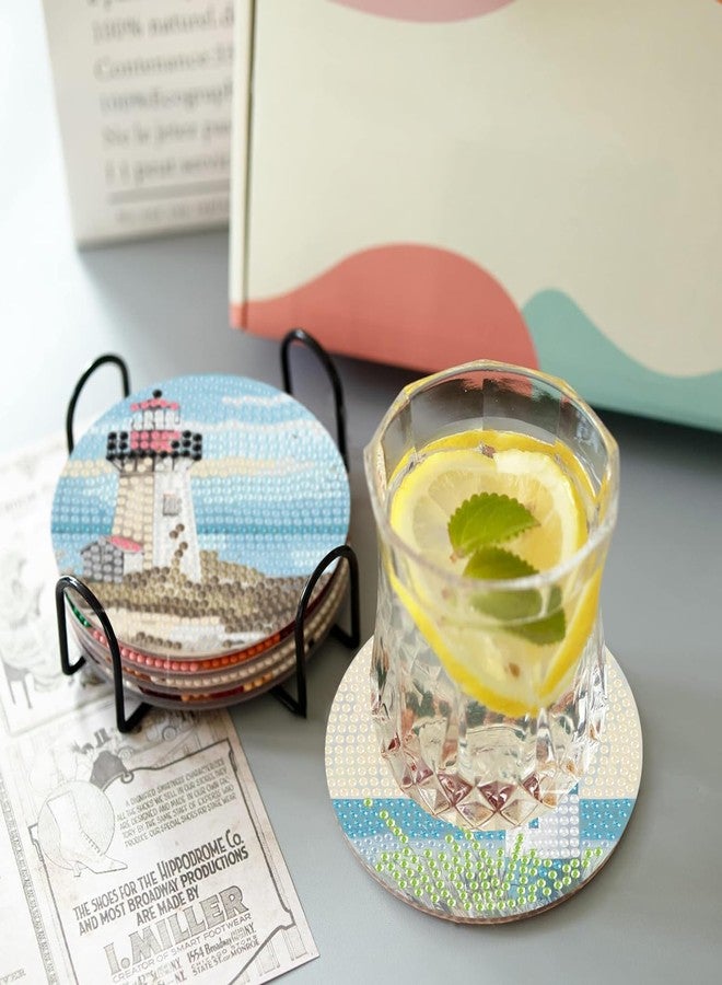 askkqtx 8 Pcs Beach Diamond Art Coasters Kits with Holder, Sea Diamond Painting Coasters Kits for Adults, Light House DIY 5D Diamond Dots Small Mini Kit Full Drill Art Craft Supplies 4X4 Inch - Image 4