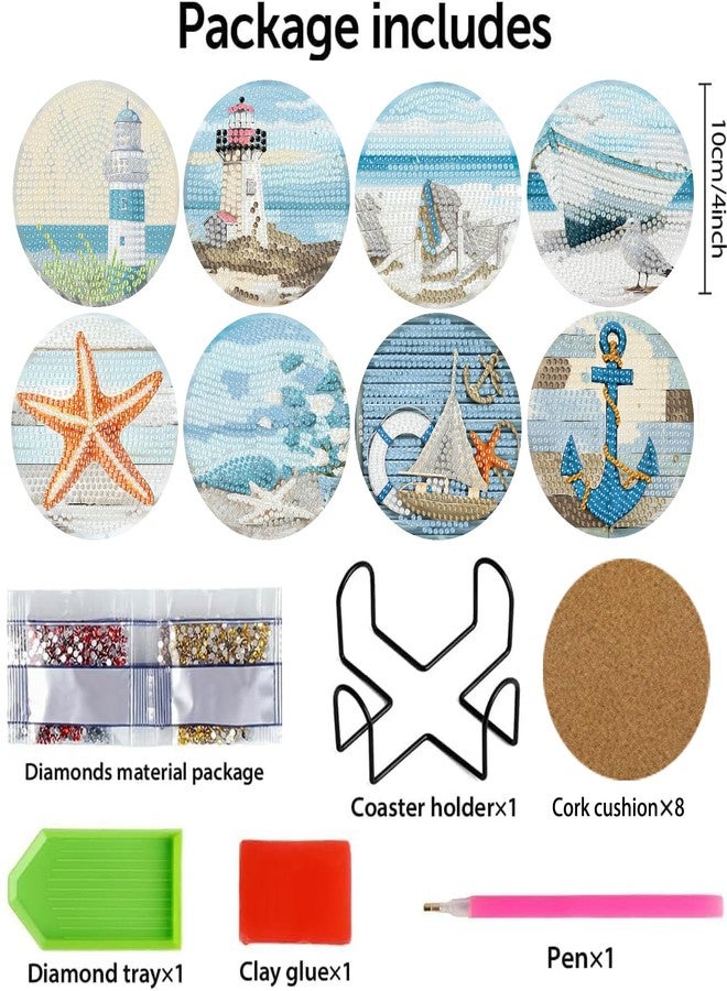 askkqtx 8 Pcs Beach Diamond Art Coasters Kits with Holder, Sea Diamond Painting Coasters Kits for Adults, Light House DIY 5D Diamond Dots Small Mini Kit Full Drill Art Craft Supplies 4X4 Inch - Image 5