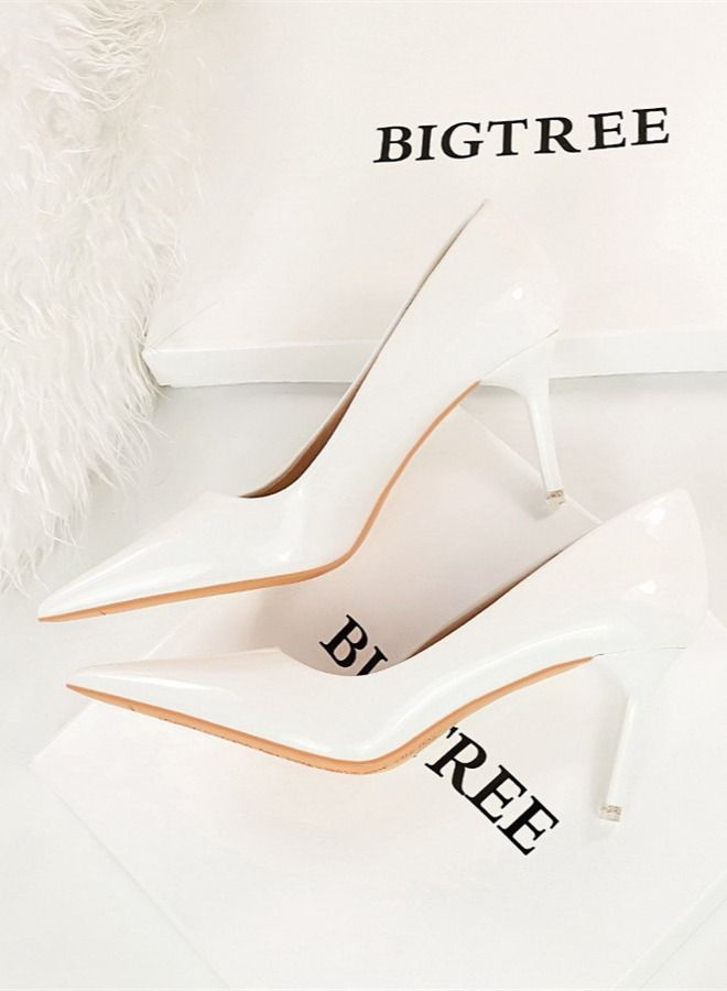 BIGTREE Glossy Patent Leather Shallow Mouth Pointed Thin High-Heeled Shoes 7.5CM White