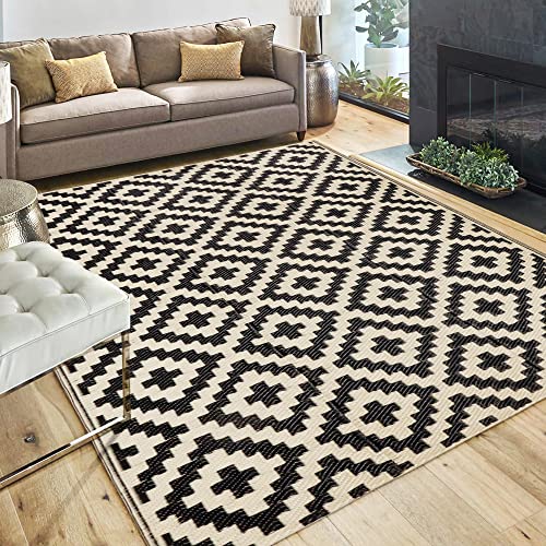 SAND MINE Reversible Mats Plastic Straw Rug Modern Area Rug Large Floor Mat and Rug for Outdoors RV Patio Backyard Deck Picnic Beach Trailer Camping 4 x 6 Black  Beige Lattice