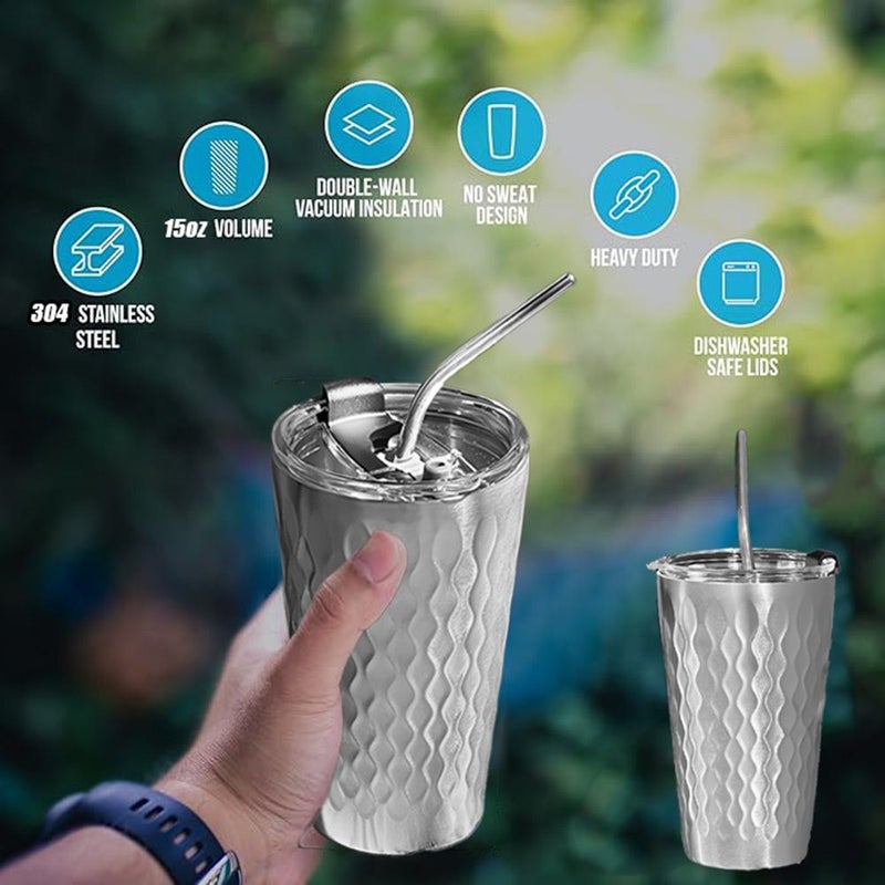 304 Stainless Steel 450ml Coffee Cup Set With Lid And Straw Double Wall Insulated Travel Mug - Image 3