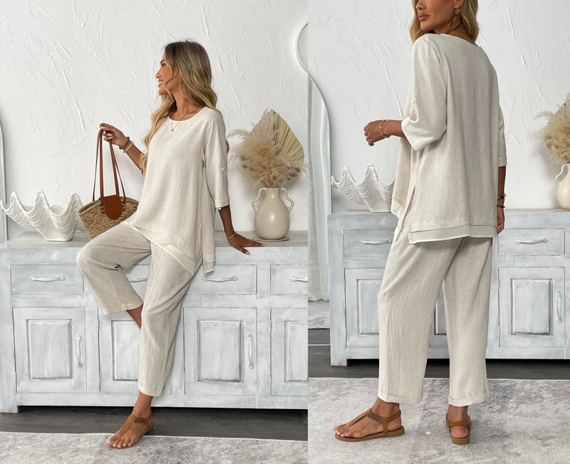 heipeiwa Women's Linen 2 Piece Outfits Rolled Sleeves Tops Wide Leg Trouser Pants Suits Summer Casual Dressy Linen Sets Beige - Image 5