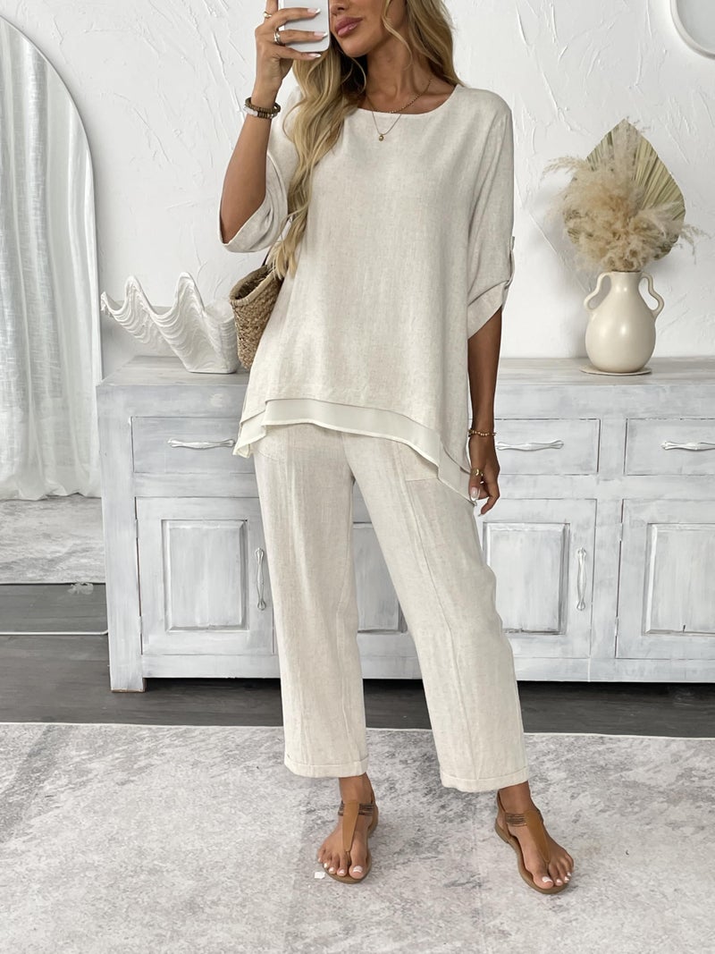 heipeiwa Women's Linen 2 Piece Outfits Rolled Sleeves Tops Wide Leg Trouser Pants Suits Summer Casual Dressy Linen Sets Beige - Image 2