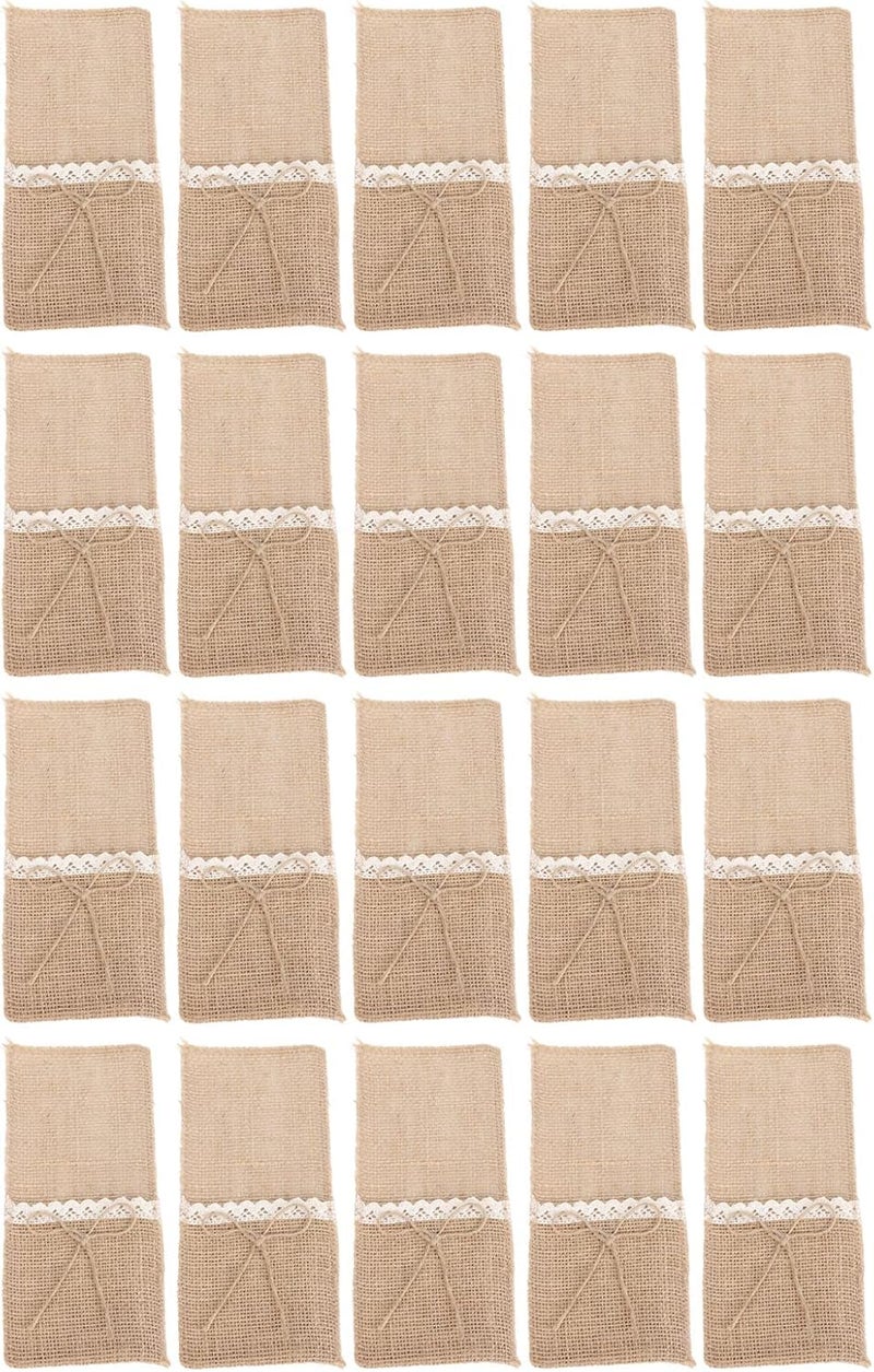 Burlap Tableware Utensil Holders, 20Pcs Lace Cutlery Bags for Silverware, Retro Country Wedding Party Decor with White Lace Trim, Multipurpose Burlap Silverware Holder for Birthday - Image 1