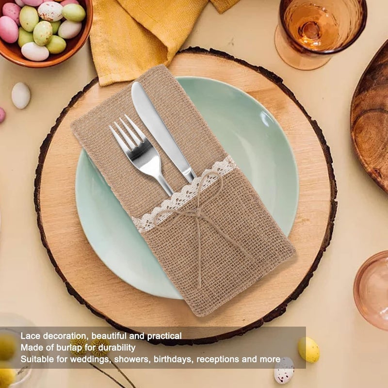 Burlap Tableware Utensil Holders, 20Pcs Lace Cutlery Bags for Silverware, Retro Country Wedding Party Decor with White Lace Trim, Multipurpose Burlap Silverware Holder for Birthday - Image 3