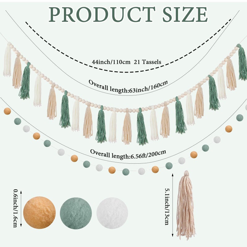 SmoothNovelty 2 Pcs Boho Tassel Garland Decor Include 1 Boho Tassel Garland with Wood Beads and 1 Colorful Pom Pom Ball Wall Hanging Banner for Nursery Classroom Baby Shower Decor(Sage Green) - Image 2
