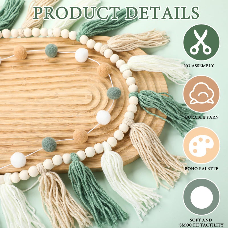SmoothNovelty 2 Pcs Boho Tassel Garland Decor Include 1 Boho Tassel Garland with Wood Beads and 1 Colorful Pom Pom Ball Wall Hanging Banner for Nursery Classroom Baby Shower Decor(Sage Green) - Image 3