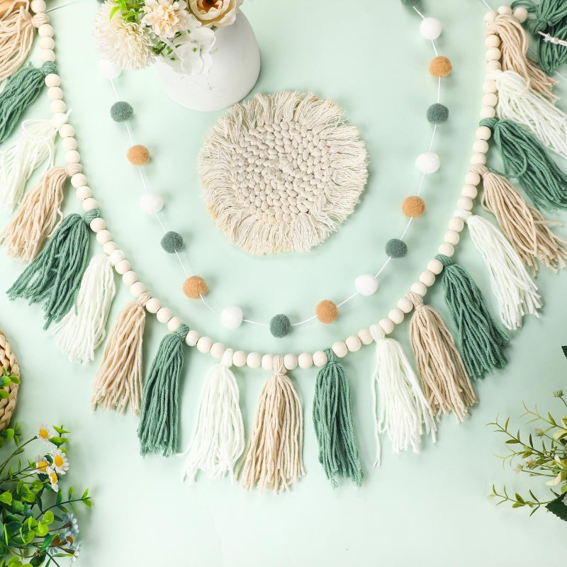 SmoothNovelty 2 Pcs Boho Tassel Garland Decor Include 1 Boho Tassel Garland with Wood Beads and 1 Colorful Pom Pom Ball Wall Hanging Banner for Nursery Classroom Baby Shower Decor(Sage Green) - Image 4