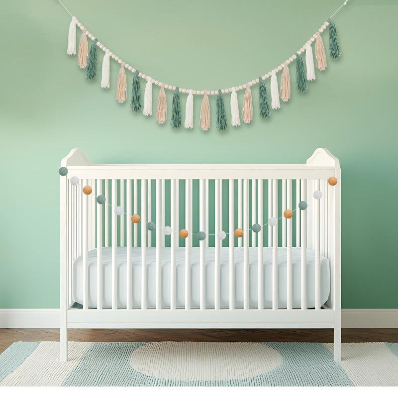 SmoothNovelty 2 Pcs Boho Tassel Garland Decor Include 1 Boho Tassel Garland with Wood Beads and 1 Colorful Pom Pom Ball Wall Hanging Banner for Nursery Classroom Baby Shower Decor(Sage Green) - Image 5