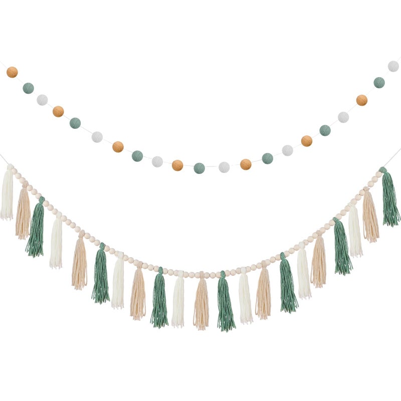 SmoothNovelty 2 Pcs Boho Tassel Garland Decor Include 1 Boho Tassel Garland with Wood Beads and 1 Colorful Pom Pom Ball Wall Hanging Banner for Nursery Classroom Baby Shower Decor(Sage Green) - Image 1