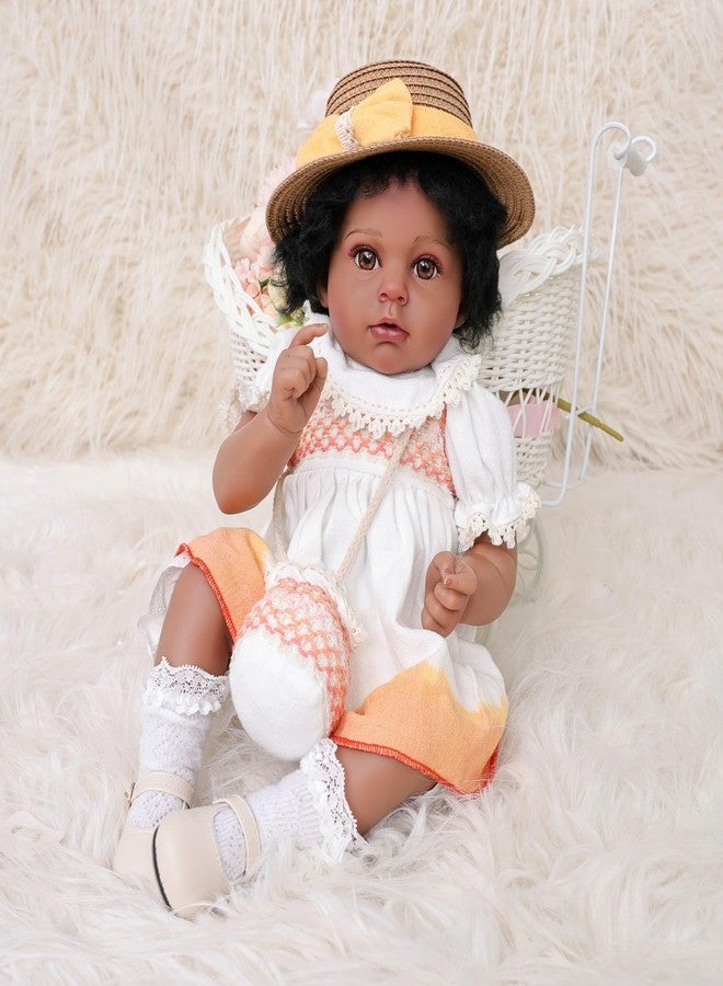 Cloveray 22inch Big Vinyl ＆ Fabric Lifelike Reborn Baby Doll, Black/White Newborn Doll with Cute Dress, Realistic Baby Doll with Magnetic Pacifier for Gifts, Name Stella (Orange Skirt) - Image 4