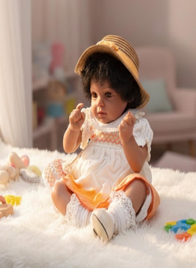 Cloveray 22inch Big Vinyl ＆ Fabric Lifelike Reborn Baby Doll, Black/White Newborn Doll with Cute Dress, Realistic Baby Doll with Magnetic Pacifier for Gifts, Name Stella (Orange Skirt) - Image 3