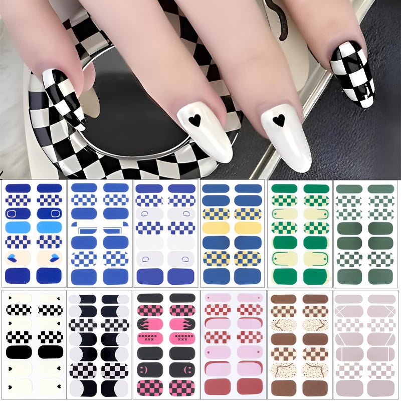 winthrop 12 Sheets Plaid Nail Wraps Full Stickers Nail Polish Strips French DIY SelfAdhesive Nail Art Decals Color Checkerboard Pattern Decor with 2 Piece Nail Files 168 Pieces - Image 3