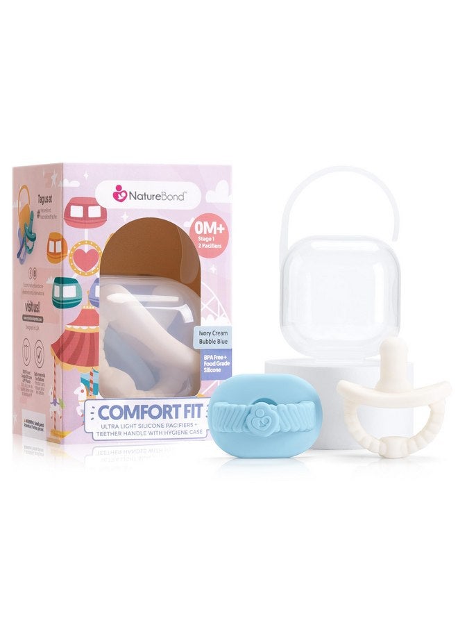 NatureBond Baby Pacifier Soother Silicone Binky Newborn Teether Pacifiers 2 in 1, Curved for Comfort | Hygiene Cover (0-6 Months, Bubble Blue and Ivory Cream) - Image 1