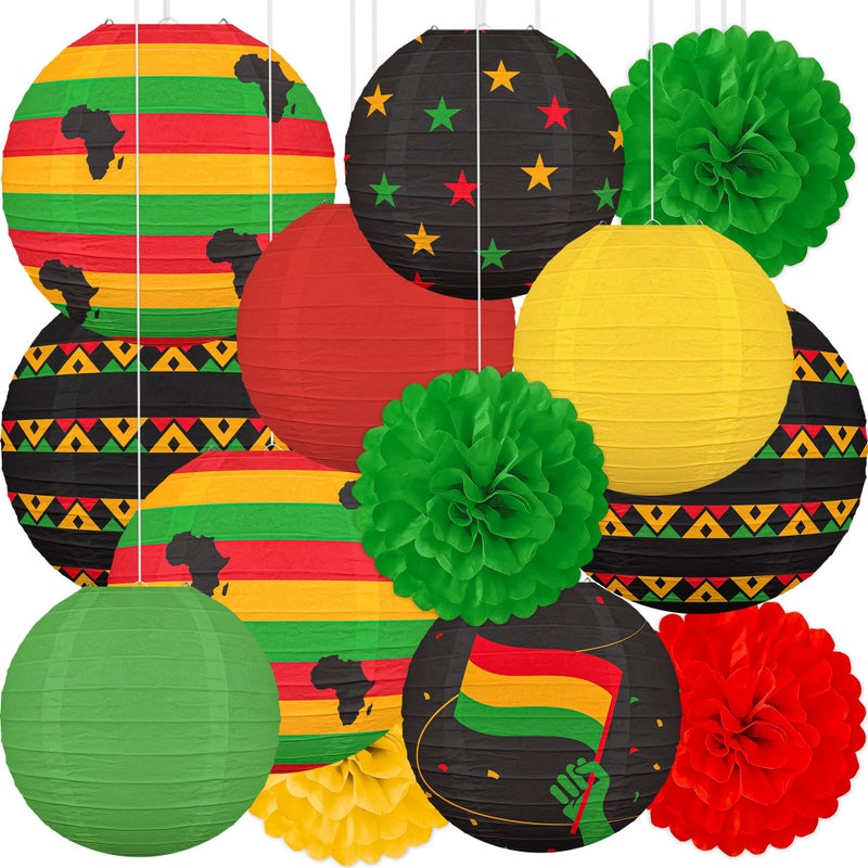 Renbuzhu 13PCS Black History Month Decorations Paper Lanterns Pom Poms Juneteenth African Party Hanging Decor - Image 1