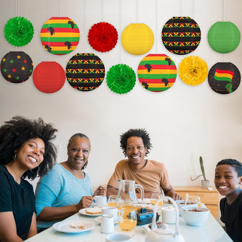 Renbuzhu 13PCS Black History Month Decorations Paper Lanterns Pom Poms Juneteenth African Party Hanging Decor - Image 5