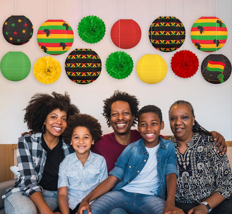 Renbuzhu 13PCS Black History Month Decorations Paper Lanterns Pom Poms Juneteenth African Party Hanging Decor - Image 2
