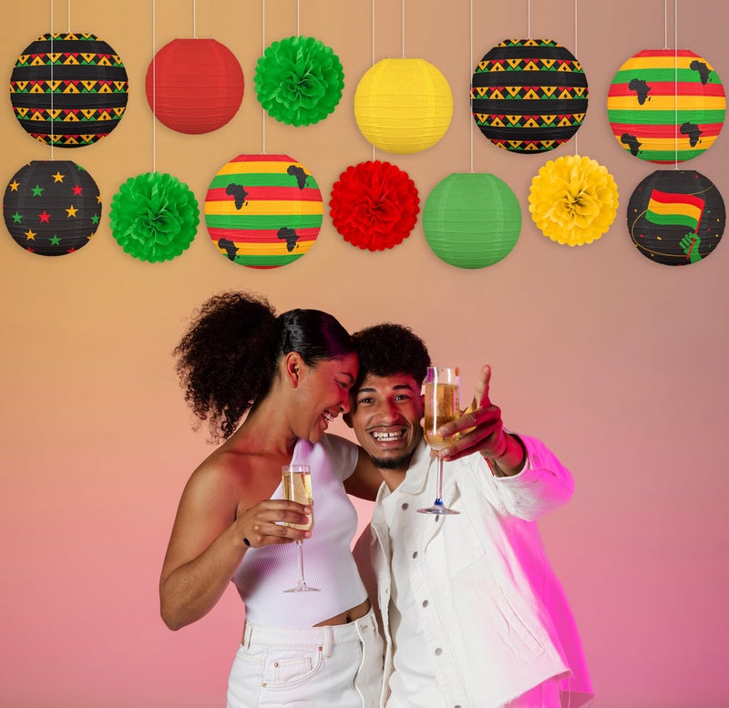 Renbuzhu 13PCS Black History Month Decorations Paper Lanterns Pom Poms Juneteenth African Party Hanging Decor - Image 4