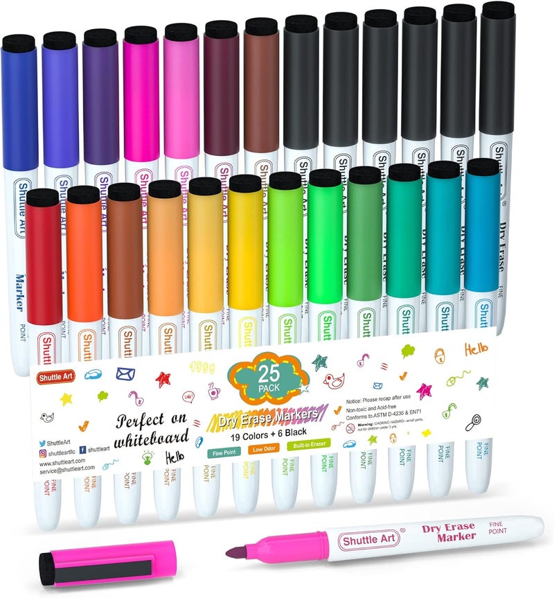 Shuttle Art Dry Erase Markers, 25 Pack 20 Colors Whiteboard Markers,Bundled with 5 Extra Black, Fine Tip Markers for Kids,Perfect for Writing on Dry-Erase Surfaces,School Office Supplies - Image 1