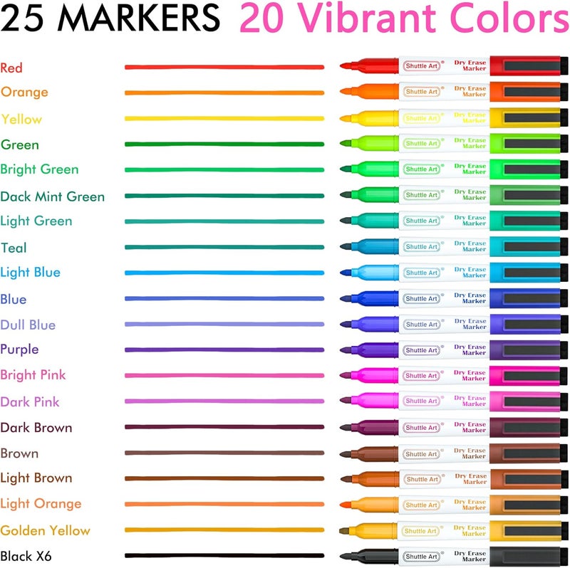 Shuttle Art Dry Erase Markers, 25 Pack 20 Colors Whiteboard Markers,Bundled with 5 Extra Black, Fine Tip Markers for Kids,Perfect for Writing on Dry-Erase Surfaces,School Office Supplies - Image 3