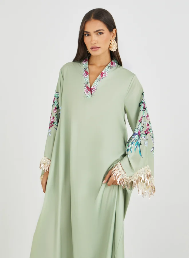 Amirah Amirah Floral Print Tasselled Long Sleeve A-Line Jalabiya