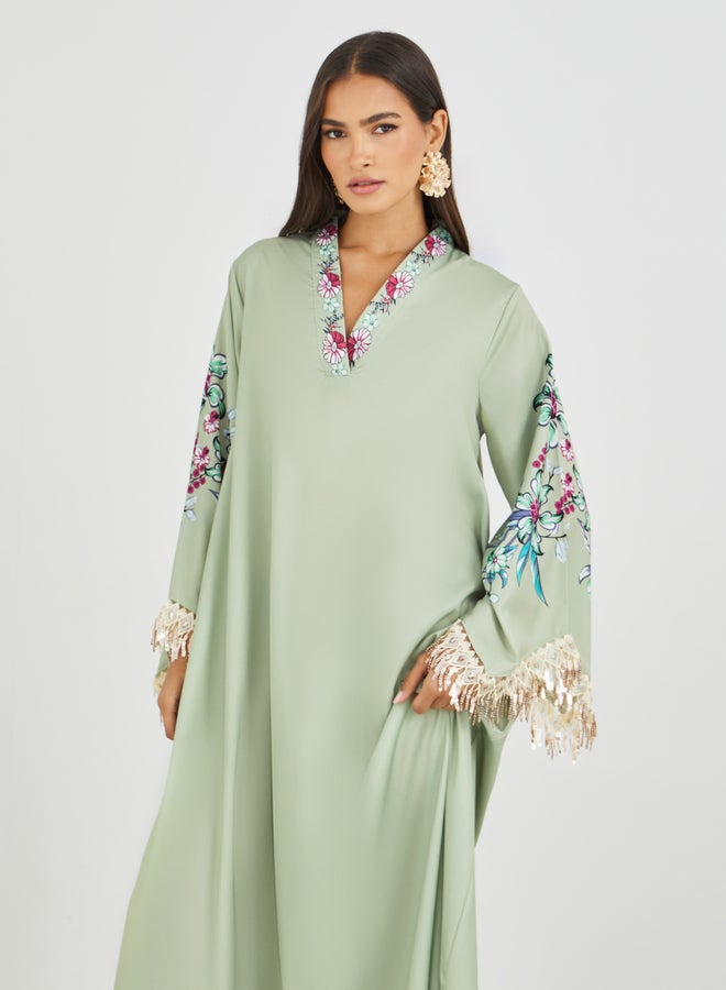 أميرة جلابية أميرة بطبعات الزهور وأكمام طويلة وشراريب - Image 3