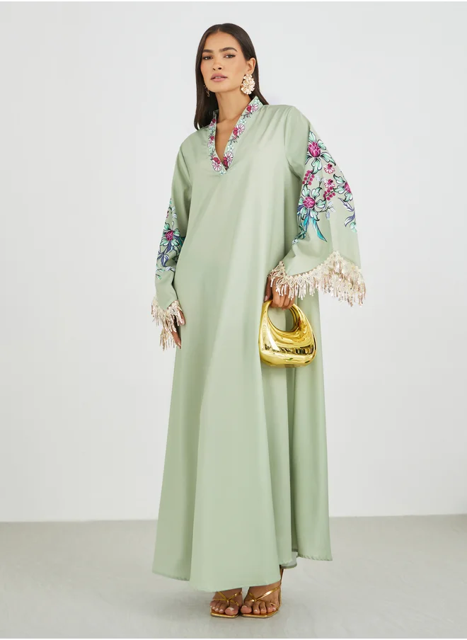 أميرة Amirah Floral Print Tasselled Long Sleeve A-Line Jalabiya