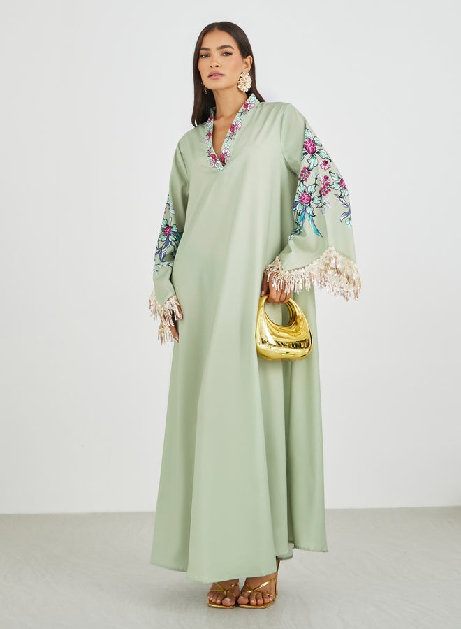 أميرة جلابية أميرة بطبعات الزهور وأكمام طويلة وشراريب - Image 1