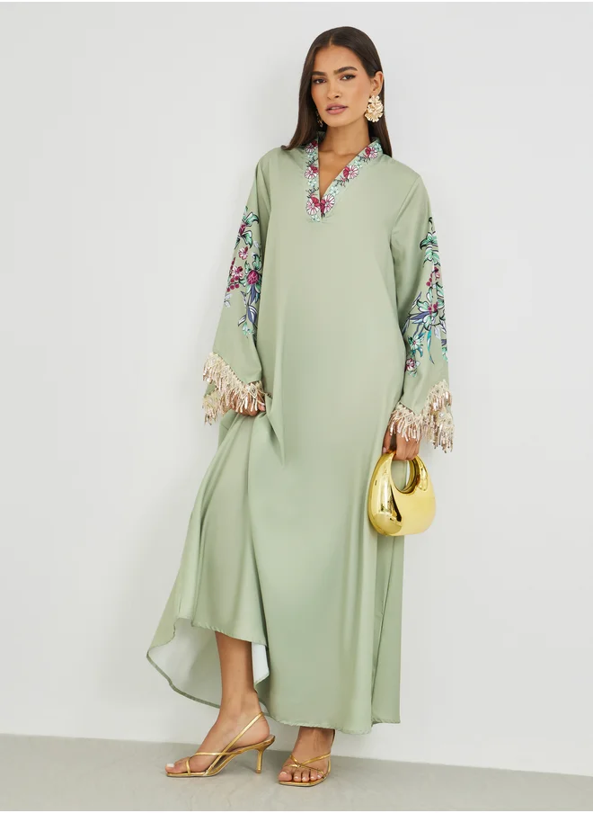 أميرة Amirah Floral Print Tasselled Long Sleeve A-Line Jalabiya