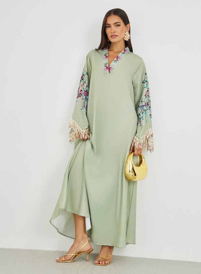 أميرة جلابية أميرة بطبعات الزهور وأكمام طويلة وشراريب - Image 2