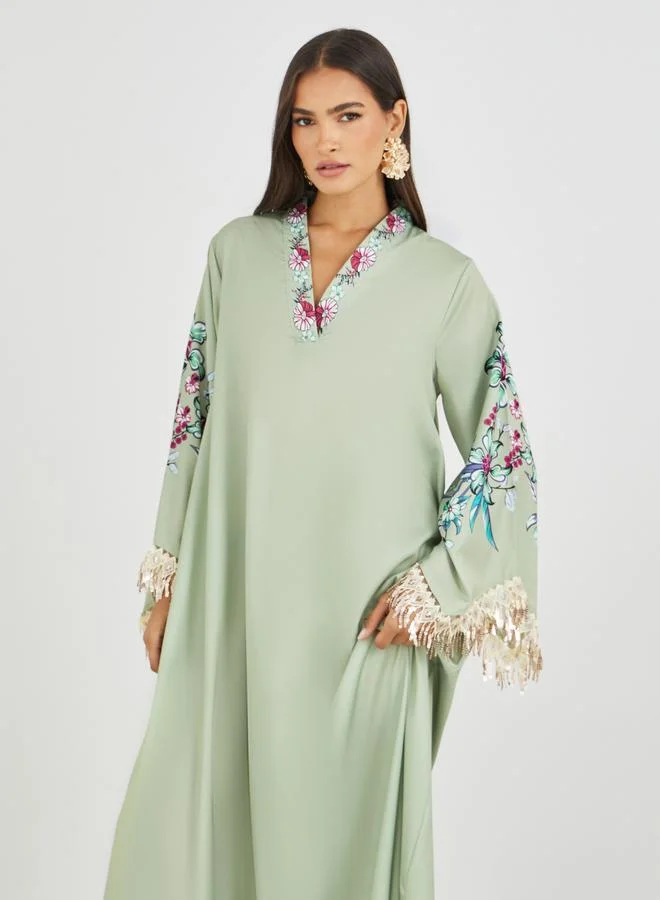 Amirah Green Amirah Floral Print Tasselled Long Sleeve A-Line Jalabiya for Women | Best Price UAE