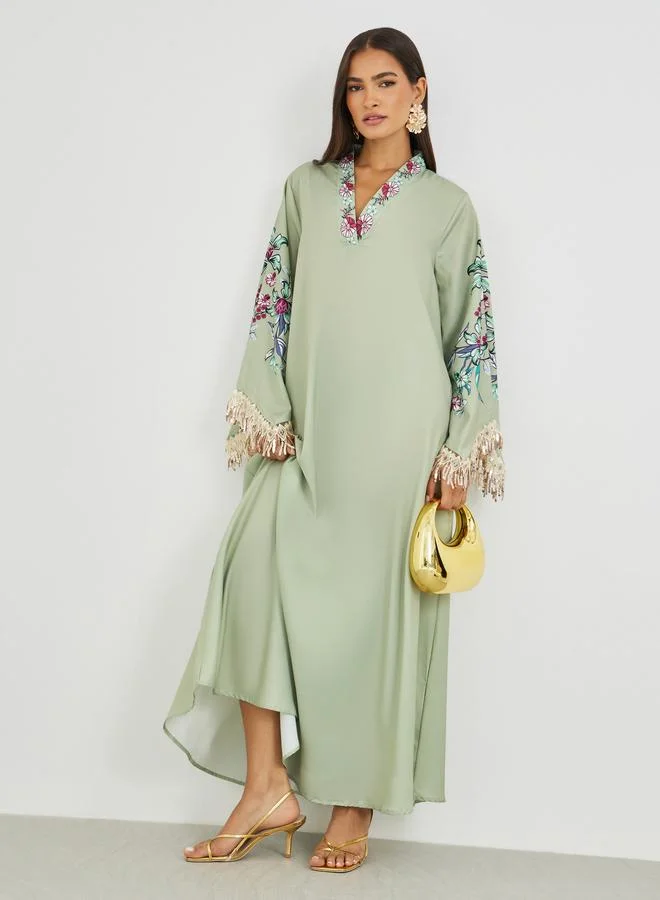 Amirah Green Amirah Floral Print Tasselled Long Sleeve A-Line Jalabiya for Women | Best Price UAE