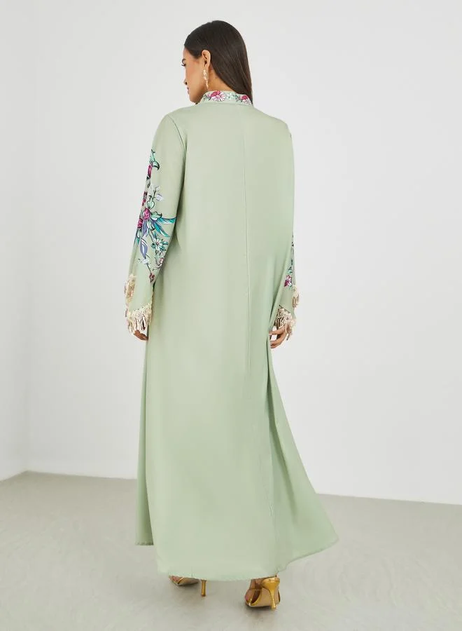 Amirah Green Amirah Floral Print Tasselled Long Sleeve A-Line Jalabiya for Women | Best Price UAE
