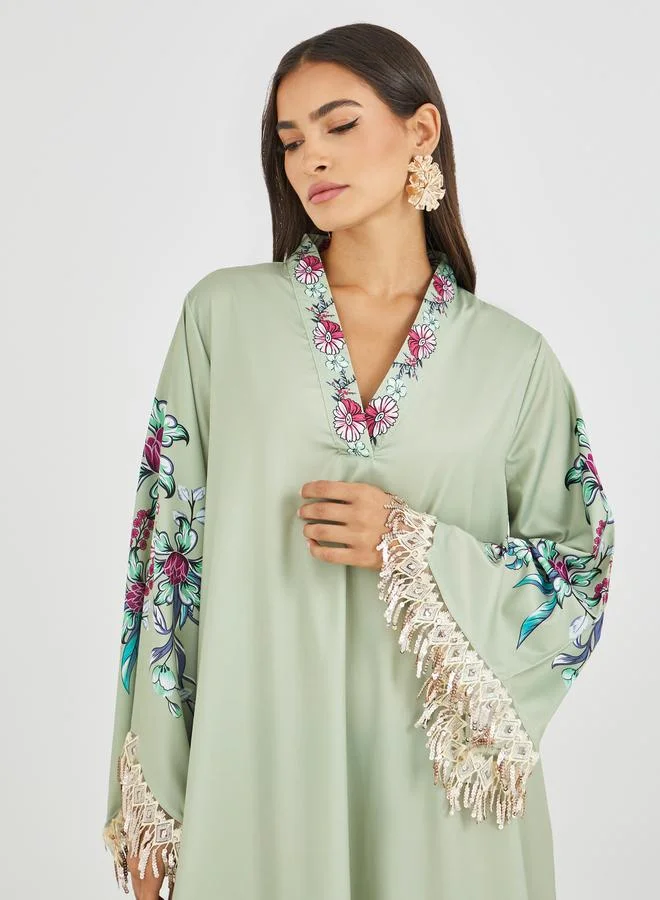 Amirah Green Amirah Floral Print Tasselled Long Sleeve A-Line Jalabiya for Women | Best Price UAE
