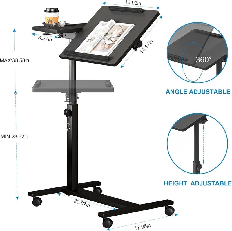 Panta Height Adjustable Rolling Laptop Stand, Overbed Table with 2 Tilting Desktops, Mobile Laptop Table for Couch with Cup Holder, Mobile Computer Workstation for Office, Home and Hospital - Image 3