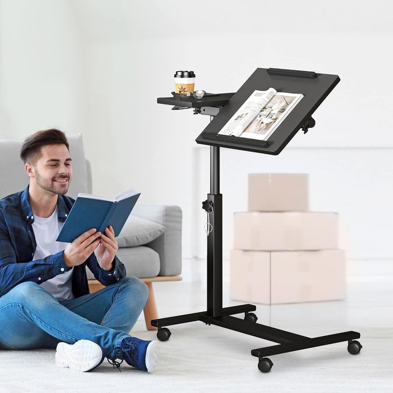 Panta Height Adjustable Rolling Laptop Stand, Overbed Table with 2 Tilting Desktops, Mobile Laptop Table for Couch with Cup Holder, Mobile Computer Workstation for Office, Home and Hospital - Image 2