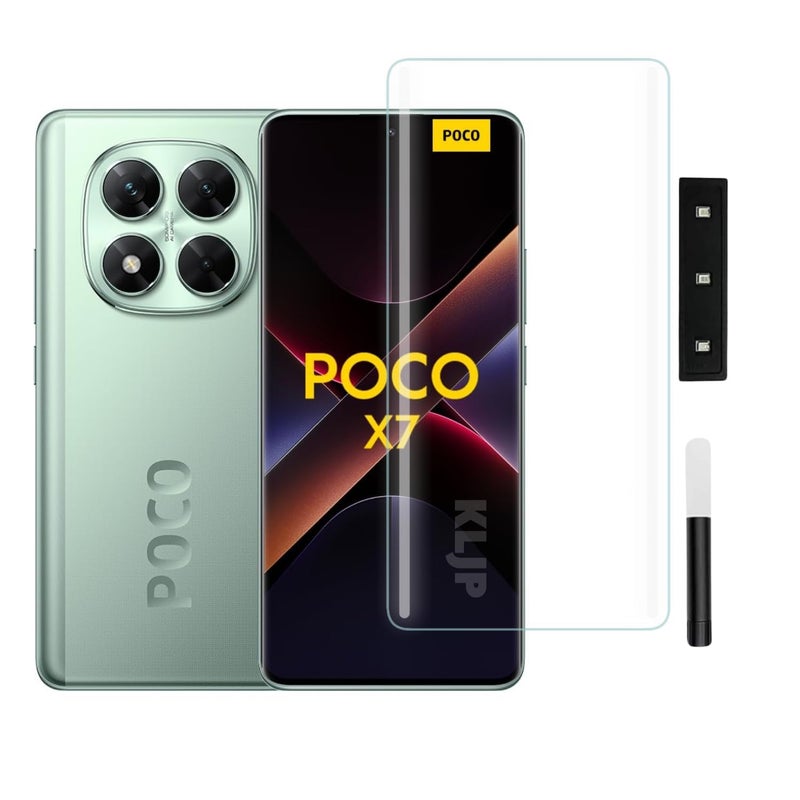 KLJP حماية شاشة زجاجية مقواة HD+ UV متقدمة متوافقة مع Poco X7 (عبوة من 1) لاصقة كاملة UV صديقة للحالات وضوح HD+ - Image 1