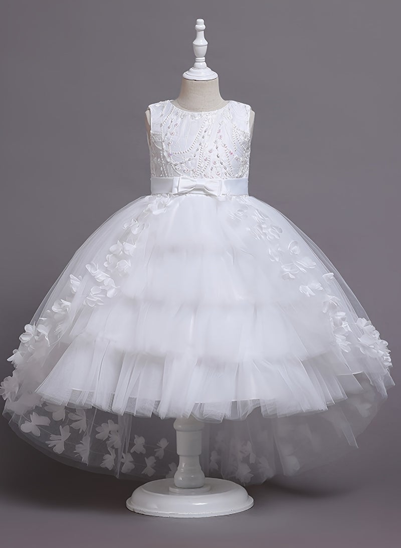 AROAQ Beads And Appliques Design Girls Formal Dress With Trailing, Fluffy Princess Dress Perfect For Banquets Performances (White) - Image 1