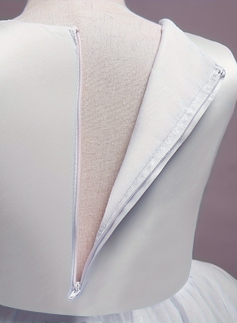 AROAQ Beads And Appliques Design Girls Formal Dress With Trailing, Fluffy Princess Dress Perfect For Banquets Performances (White) - Image 5