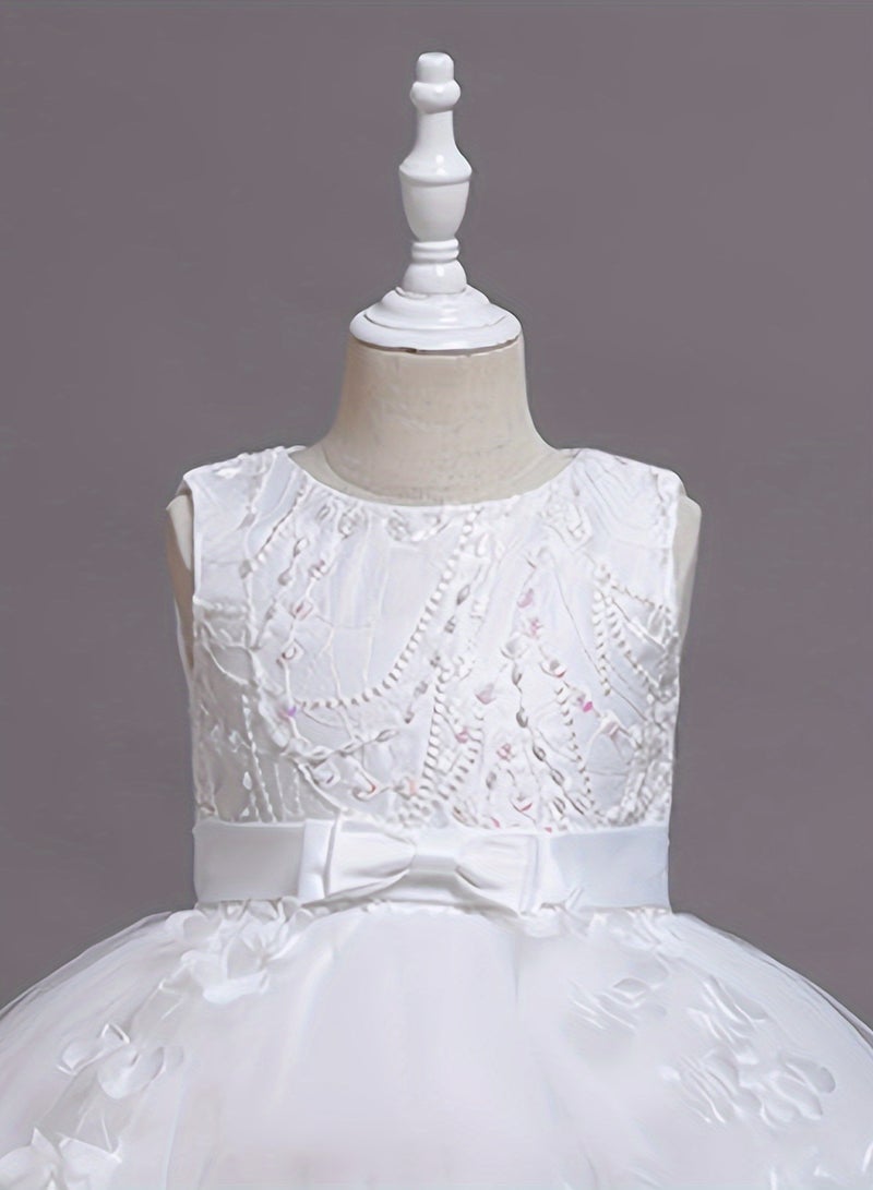 AROAQ Beads And Appliques Design Girls Formal Dress With Trailing, Fluffy Princess Dress Perfect For Banquets Performances (White) - Image 4