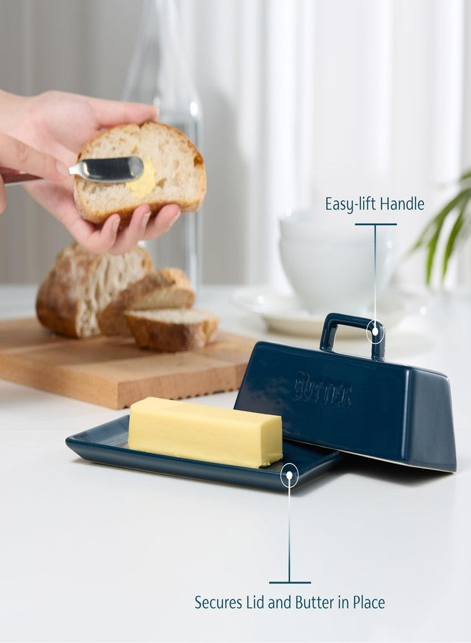 Kook Ceramic Butter Dish with Lid, Kitchen Countertop Butter Keeper, Serving Tray with Cover, Storage Container, Holds 1 Stick, Microwave and Dishwasher Safe, Navy - Image 2