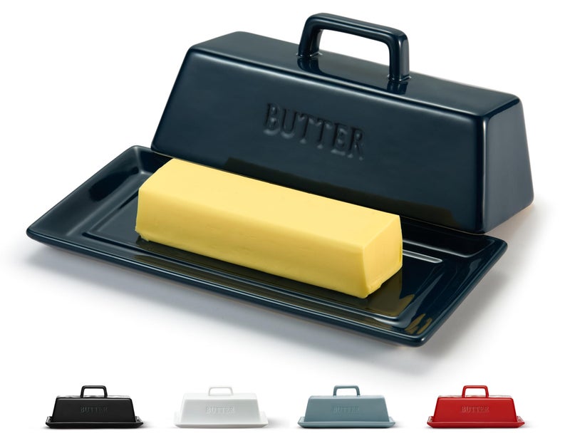 Kook Ceramic Butter Dish with Lid, Kitchen Countertop Butter Keeper, Serving Tray with Cover, Storage Container, Holds 1 Stick, Microwave and Dishwasher Safe, Navy - Image 1