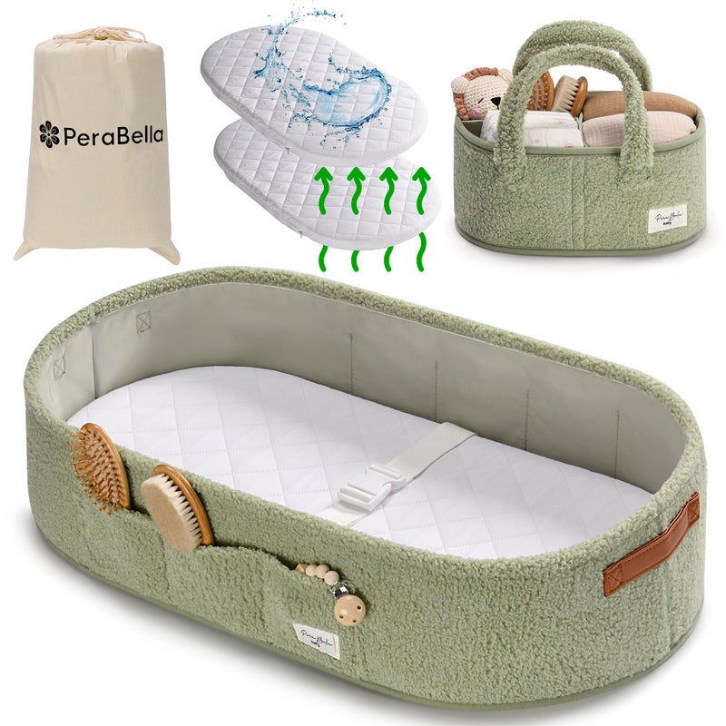 PeraBella Baby Changing Basket for Dresser Top, Baby Moses Basket for Newborn, Portable Diaper Changing Pad Table Topper for Dresser, Includes Diaper Caddy Organizer with Handle, Moses Bassinet Mat - Image 1