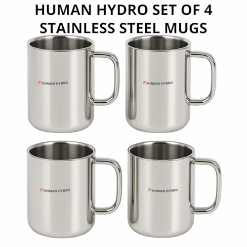 Human Hydro Stainless Steel Mugs – Set of 4 (240 ml Each) | Tea Cups & Coffee Mugs | Premium Rust-Free Steel, Spill-Proof, Dishwasher Safe - Image 2