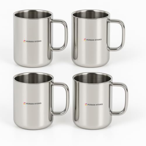 Human Hydro Stainless Steel Mugs – Set of 4 (240 ml Each) | Tea Cups & Coffee Mugs | Premium Rust-Free Steel, Spill-Proof, Dishwasher Safe - Image 1