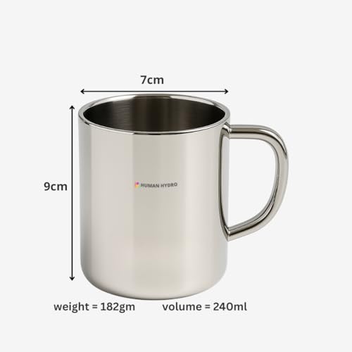 Human Hydro Stainless Steel Mugs – Set of 4 (240 ml Each) | Tea Cups & Coffee Mugs | Premium Rust-Free Steel, Spill-Proof, Dishwasher Safe - Image 3