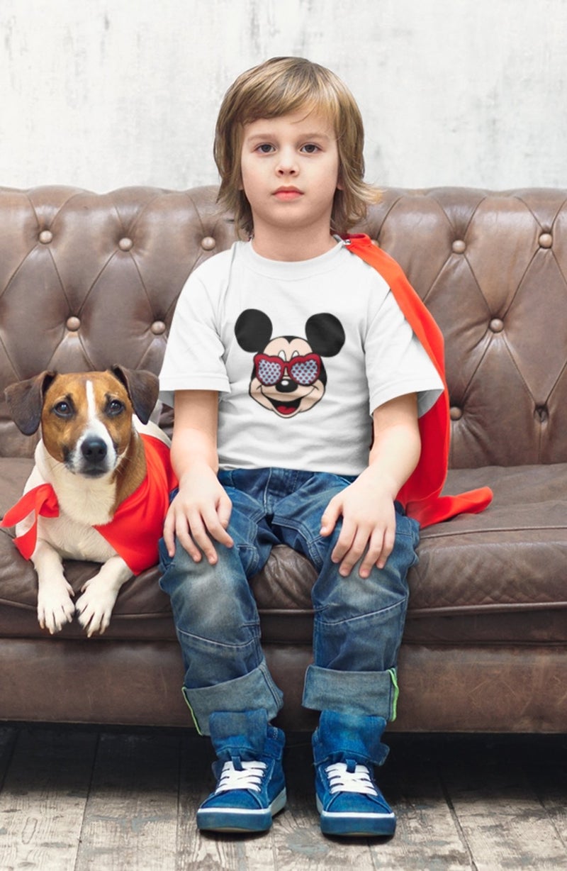 Fuddy Moda Fuddy Fashion Mickey Mouse Printed Children's T-Shirt with Glasses, Unisex Disney Printed Baby T-Shirt - Image 1