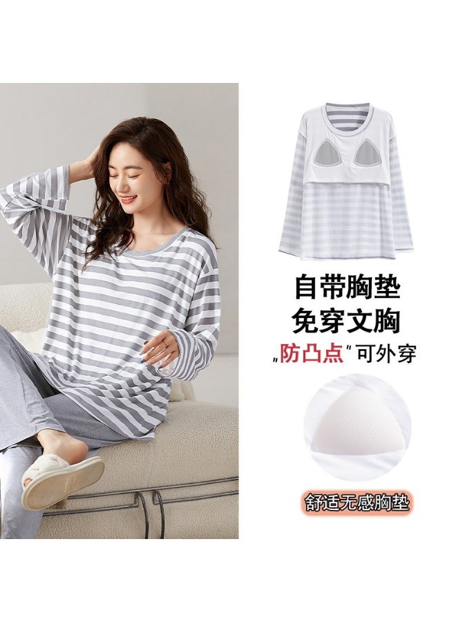 Spring and Autumn  Cotton Women Pajamas Set Loose Long Sleeve Trousers Suit Leisure Soft Pajamas With Chest Pad - Image 1