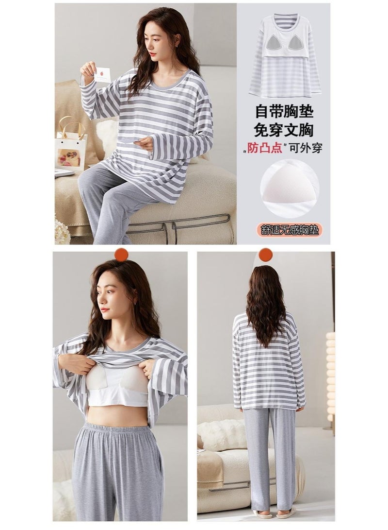 Spring and Autumn  Cotton Women Pajamas Set Loose Long Sleeve Trousers Suit Leisure Soft Pajamas With Chest Pad - Image 2
